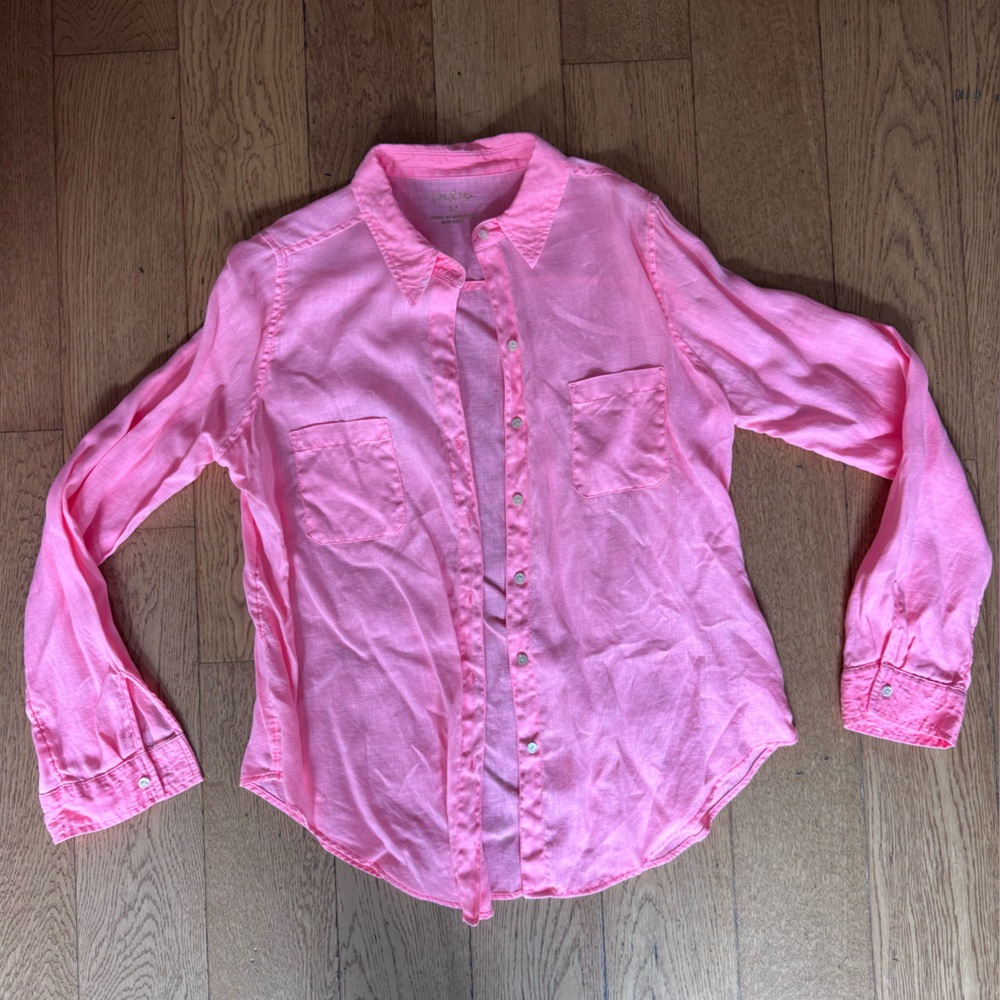 Lilly Pulitzer Sea View Linen Button-Down Top SZ M Sunrise Coral - Picture 7 of 14